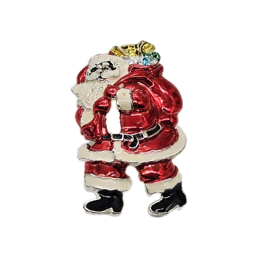 Santa Claus Brooch Christmas Pin Silver tone Enamel Pendant Multicolored Chunky