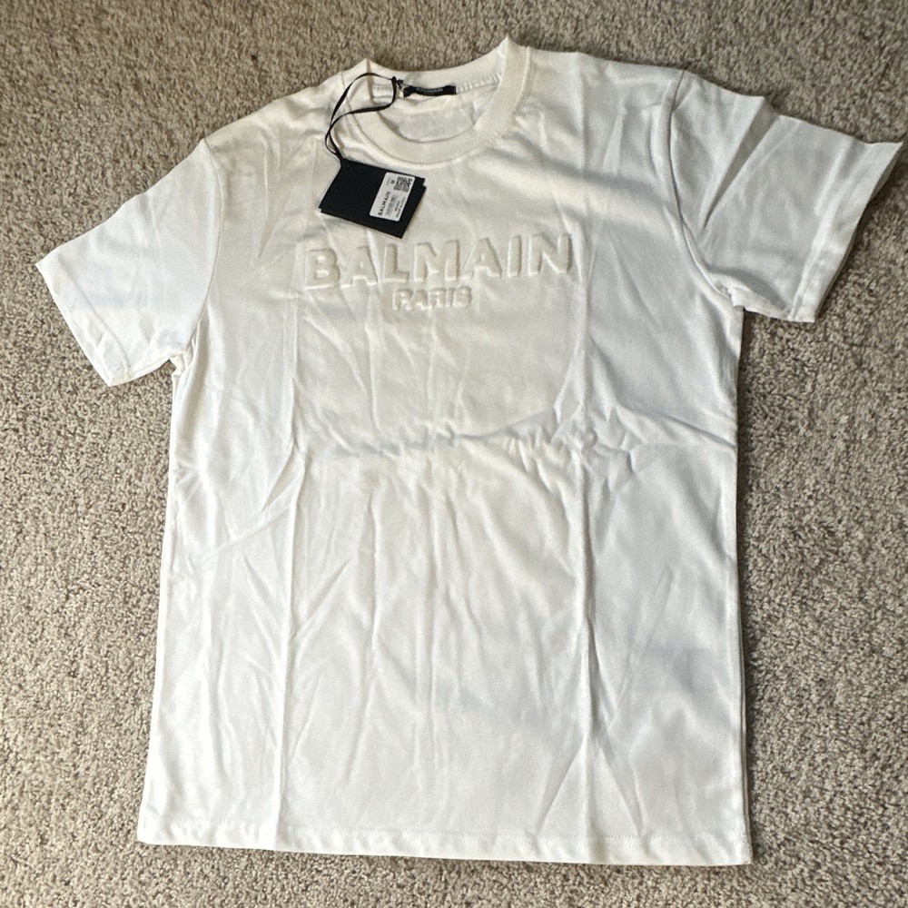 Balmain Men’s M White Logo Crew Neck Short Sleeve Cotton T-Shirt