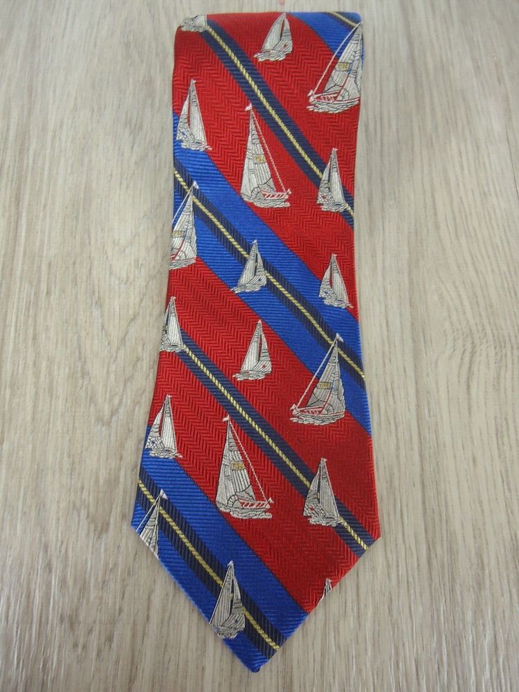 Tommy Hilfiger Mens Red Navy Gold Striped Silk Sailboat Tie Classic Nautical Style
