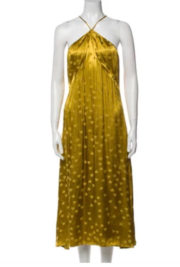 Revolve LPA Tasha Golden Heart Dress Pattern Print MIDI Yellow Gold Halter Dress