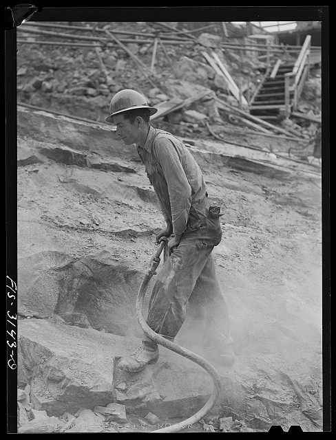 Photo:Rock Quarry Worker Hard Hat 1935-1945 Drilling Stone Dust