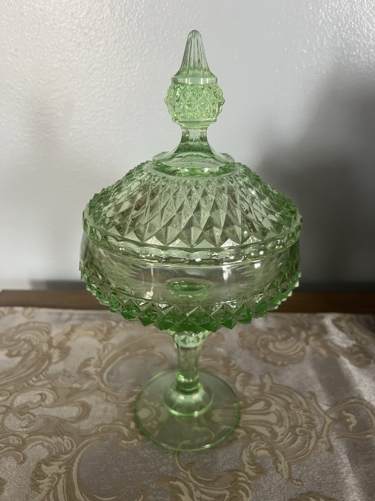 Vintage Indian Green Glass Diamond Point Candy Dish