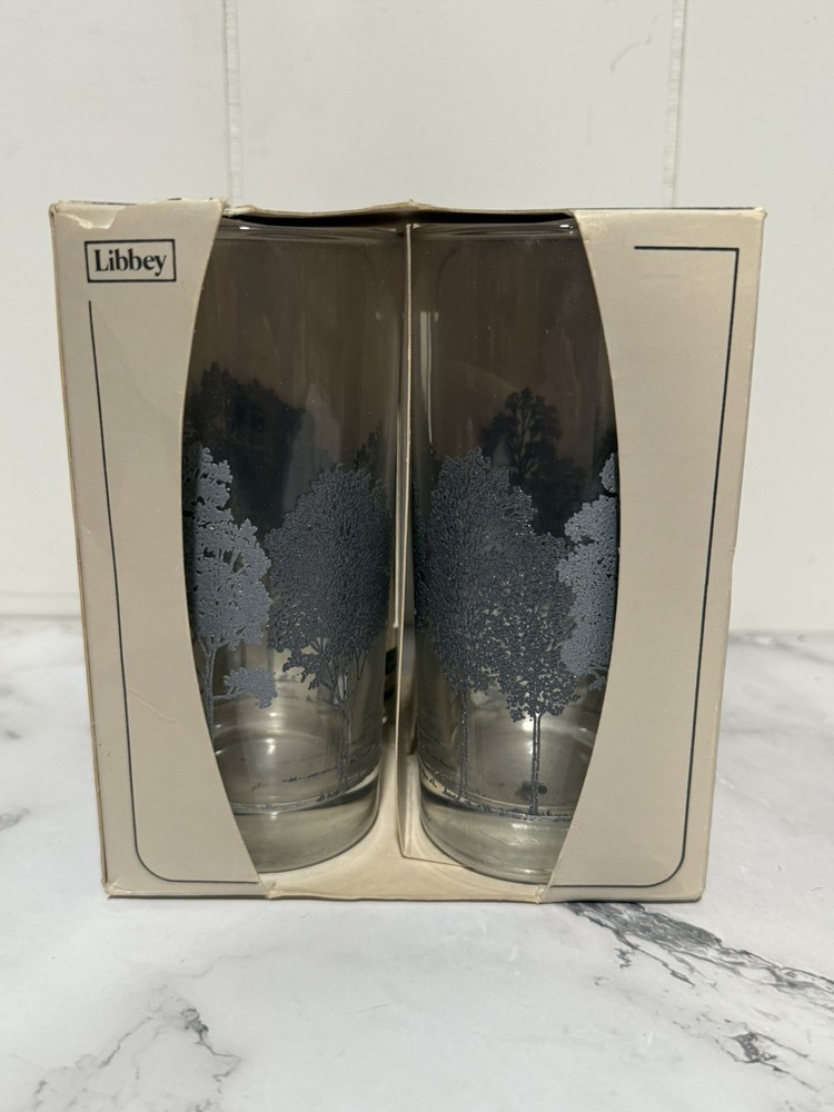 Set of 4 Libbey Silver Trees 15oz Crystal Tumblers Life Styles Silver Trees