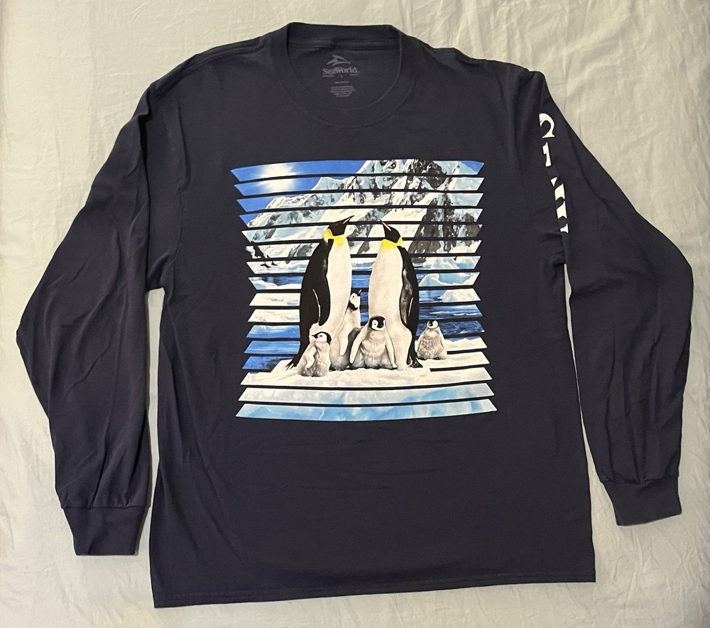 Sea World Shirt Mens Large Blue Long Sleeve Aquatic penguin Graphic Design