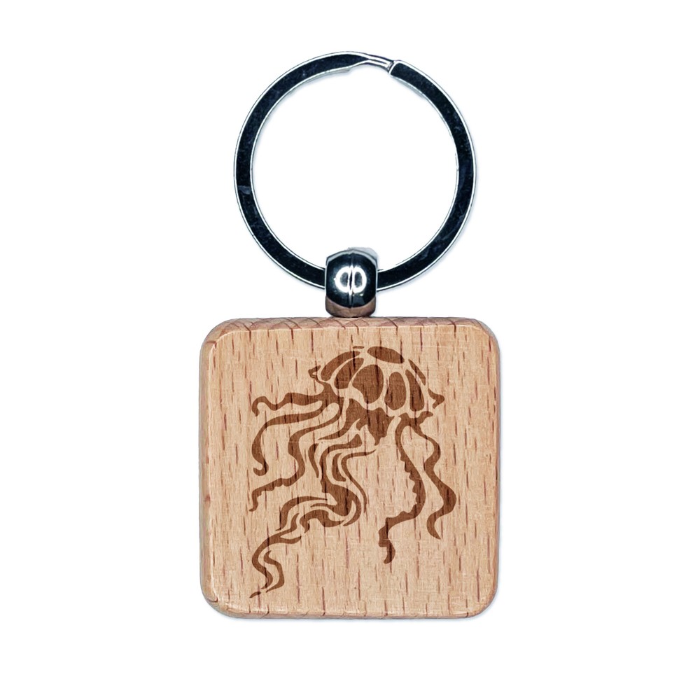 Elegant Compass Jellyfish Floating in the Ocean Engraved Wood Square Keychain