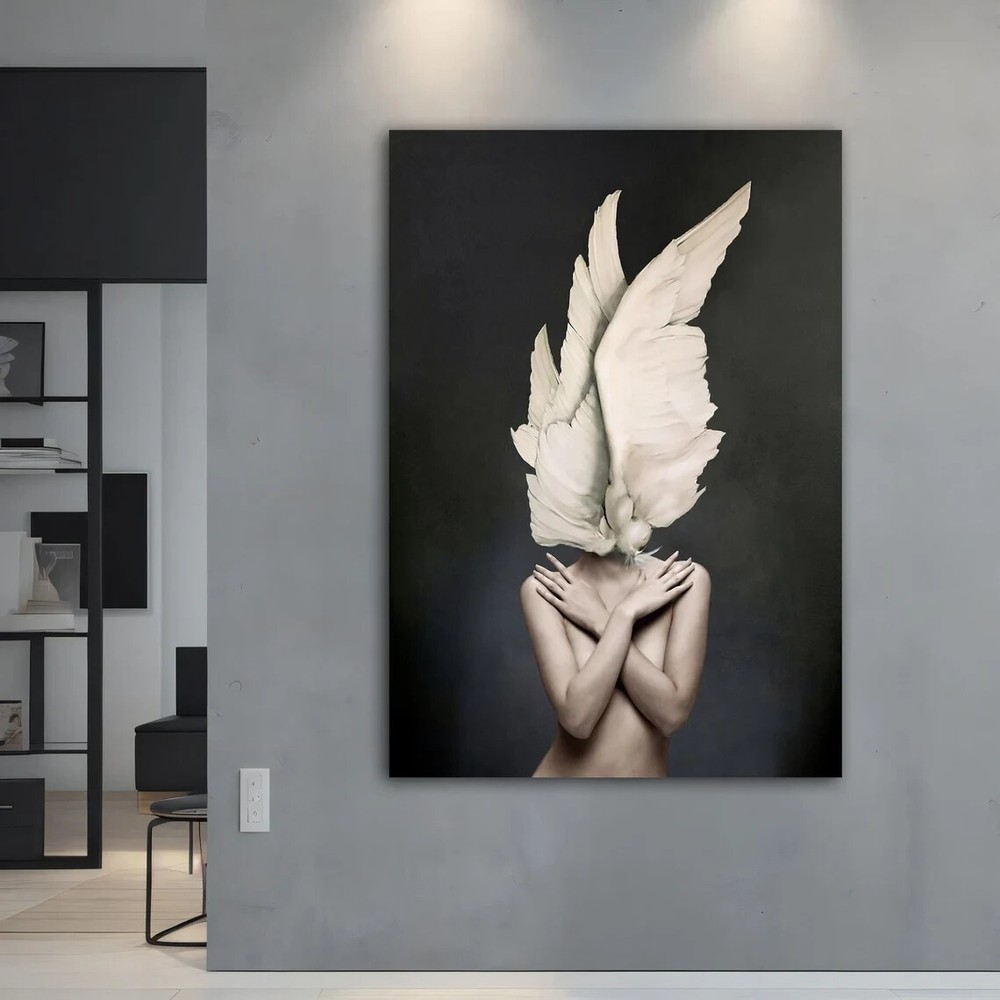 Wing Woman with Feather Head Abstract Paint Wall Art Canvas Unframed Print Art-image