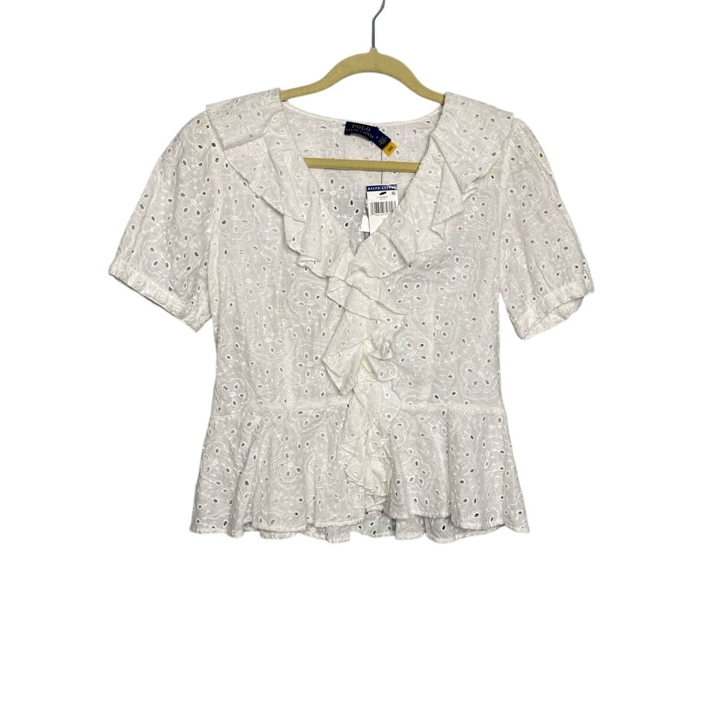 Polo Ralph Lauren NWT Ruffled Linen Eyelet Puff Sleeve Blouse White Size 6