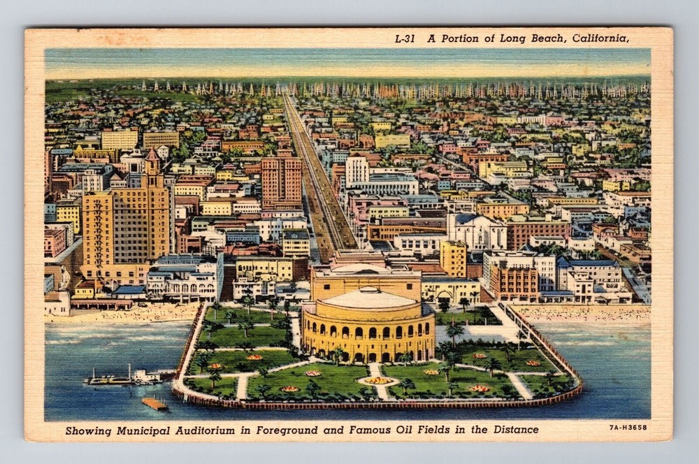 Long Beach CA-California, Aerial Of Town Area, Antique Souvenir Vintage Postcard