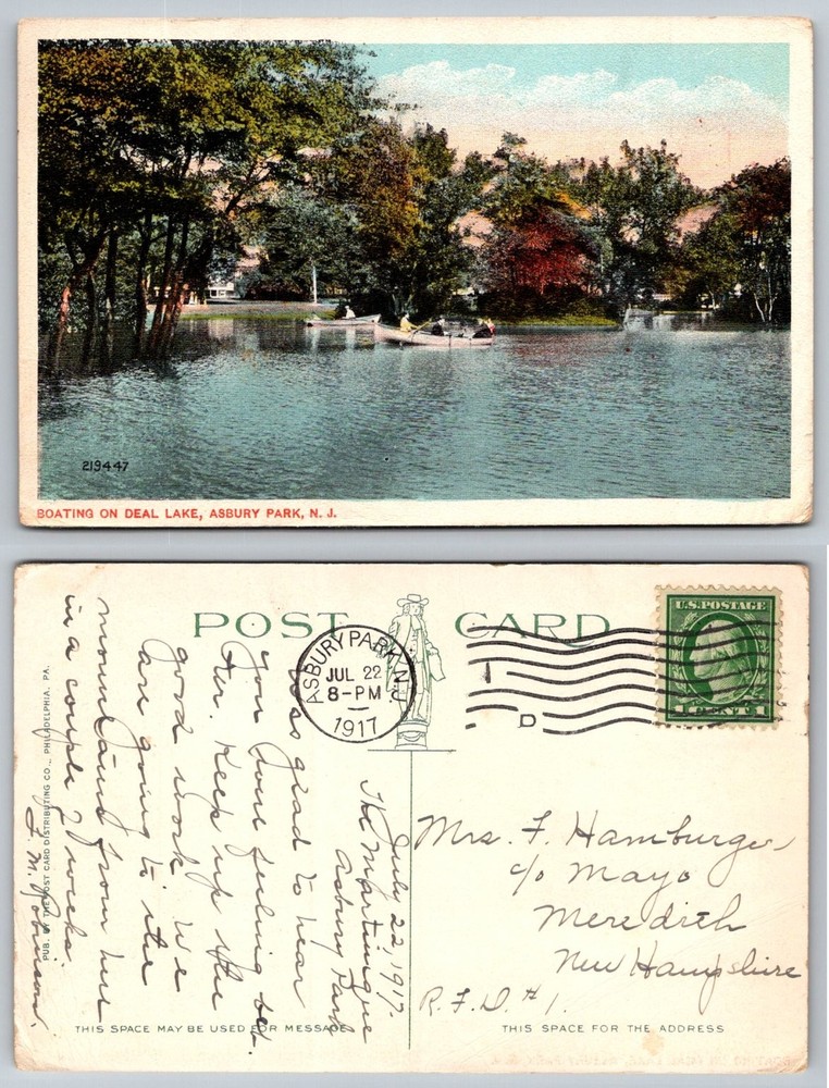 1917 Asbury Park, NJ Deal Lake Boating Vintage Postcard New Jersey