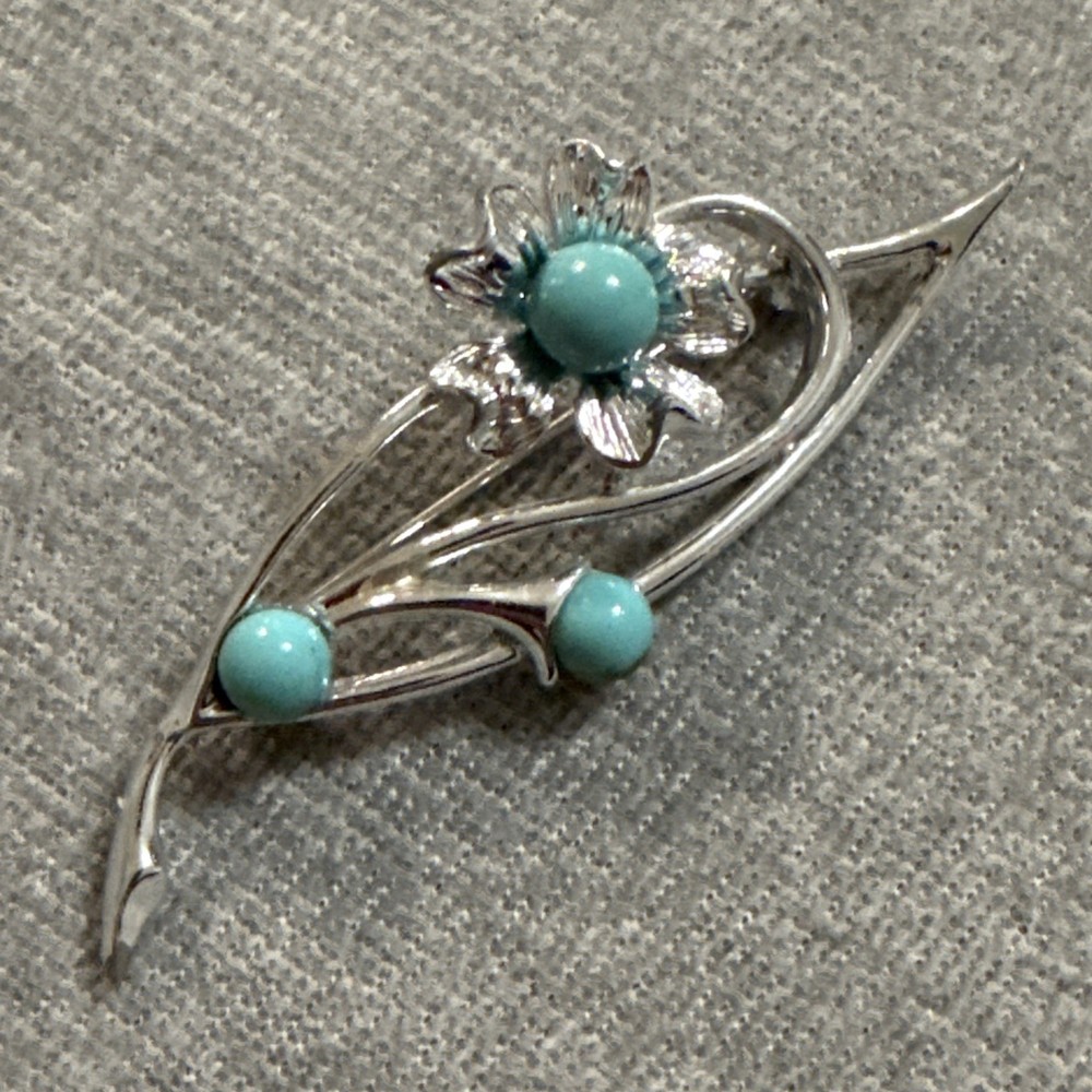 Vintage silver tone blue/ turquoise color bead flower pin brooch Sarah Coventry