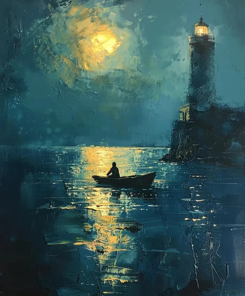 Night Lighthouse Boat Gold Moon Paint Unframed Canvas Print Australian Wall Art