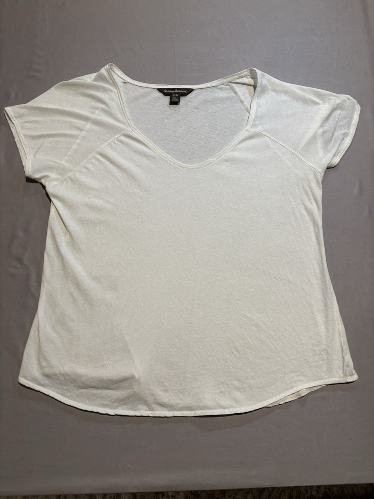 Tommy Bahama Women's Medium White Linen Blend V-Neck Shimmer Tee Sparkle Top