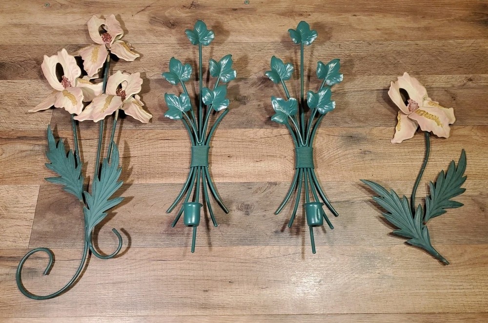 Home Interiors Green & Antiqued Ivy Flowers Wall Sconces Full Set Of 4 Pcs.