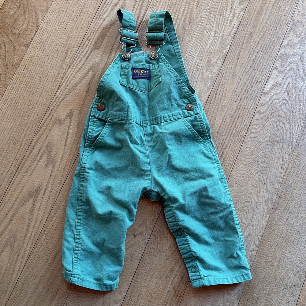 Vtg Oshkosh B'gosh Boys Vestbak Green Denim Overalls 24 Months 100% Cotton USA