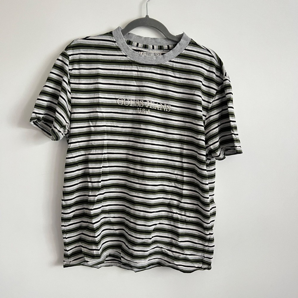 Vintage Guess Jeans USA Green Gray Stripe Logo T-Shirt Size S Y2K 90s Style