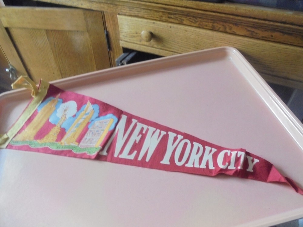Vintage Felt Pennant Featuring Iconic New York City Landmarks Empire State Building and Statue of Liberty
