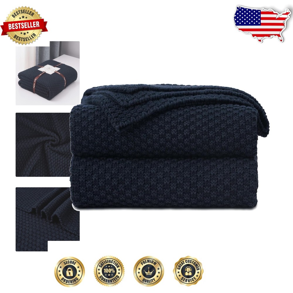 Heavyweight Oversized Navy Blue Cotton Knit Throw Blanket 60x80 Inches Cozy Warm