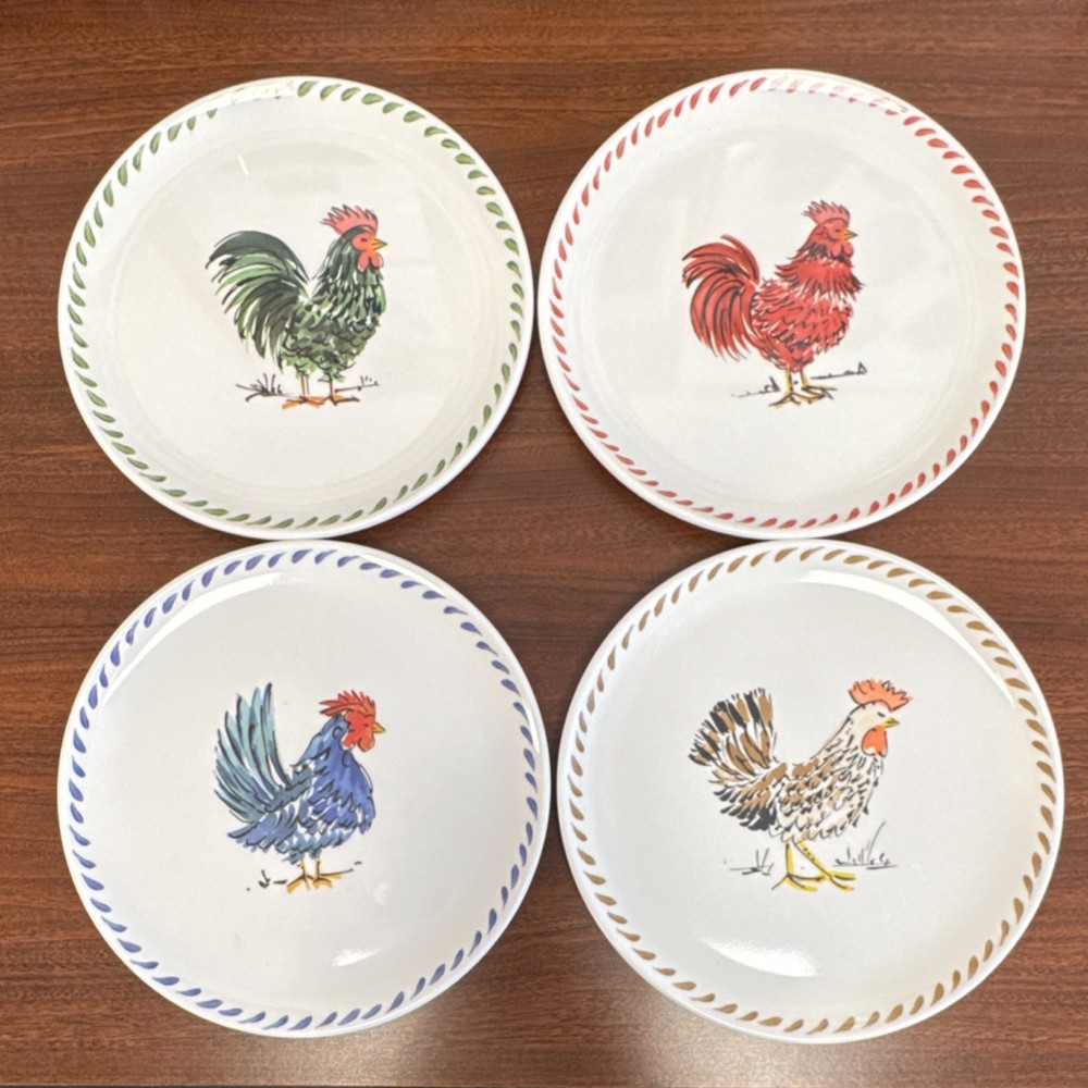 Vintage Le Cadeaux Rooster Dinner Plates Set of 4 Melamine Farmhouse Cottage