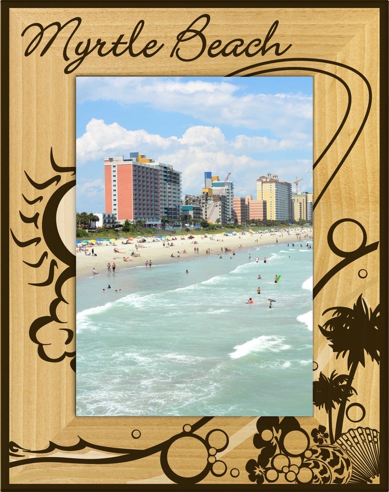 Myrtle Beach with Palm Tree Laser Engraved Wood Picture Frame Portrait (4 x 6)