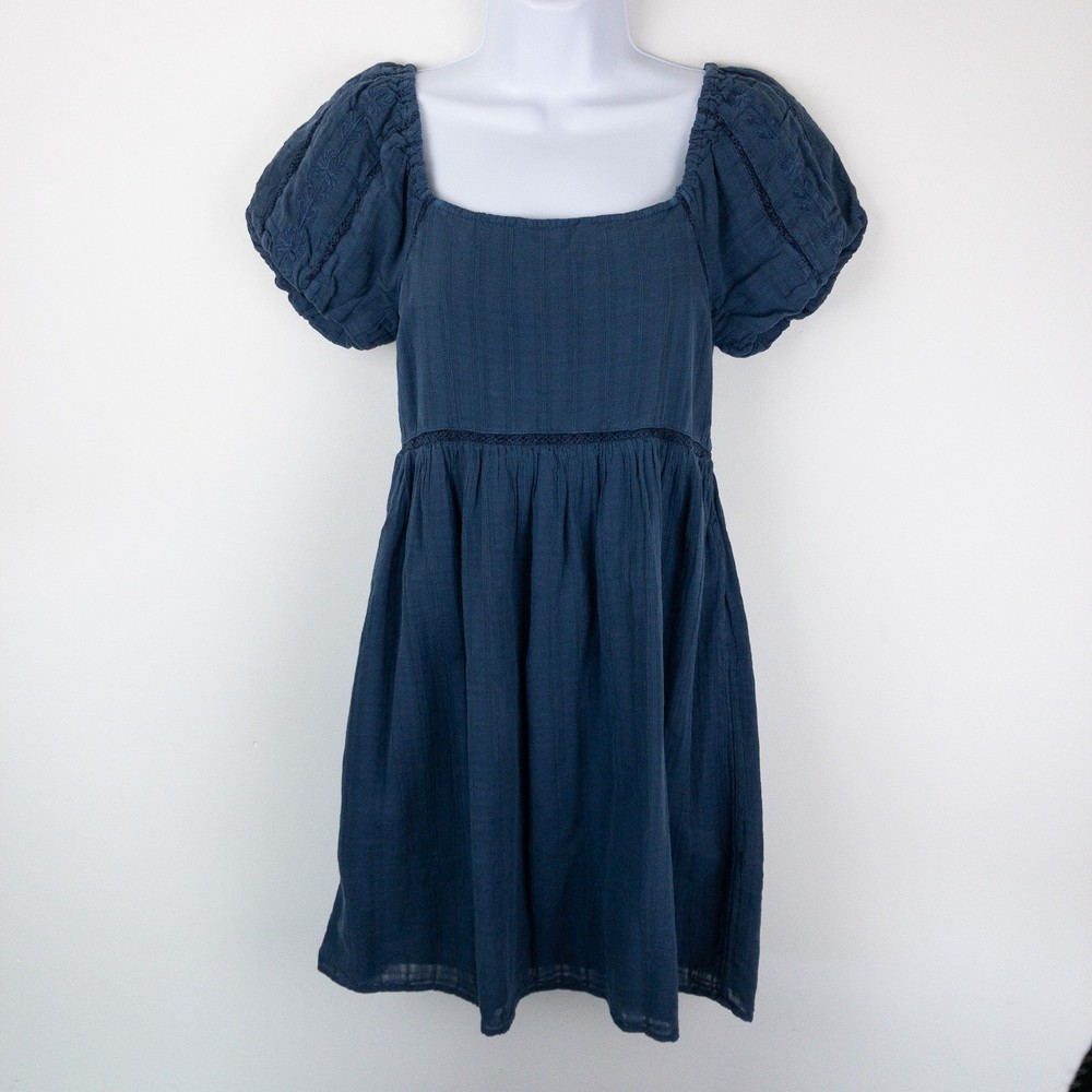 American Eagle Babydoll Cottage Mini Dress Womens XS Blue Embroidered Puff New