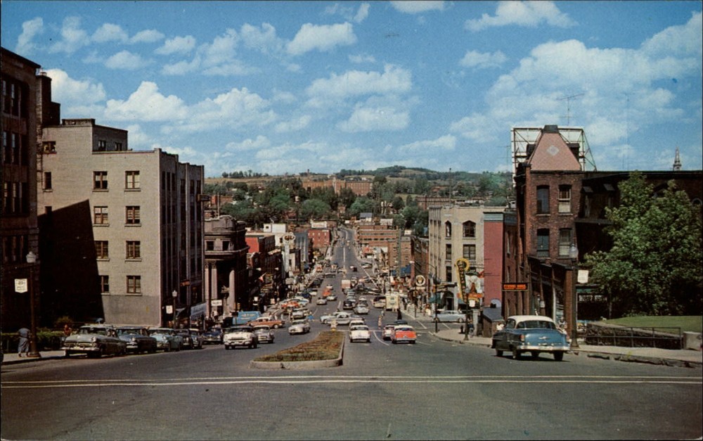 Sherbrooke Quebec Canada street business district 1950s cars vintage  postcard