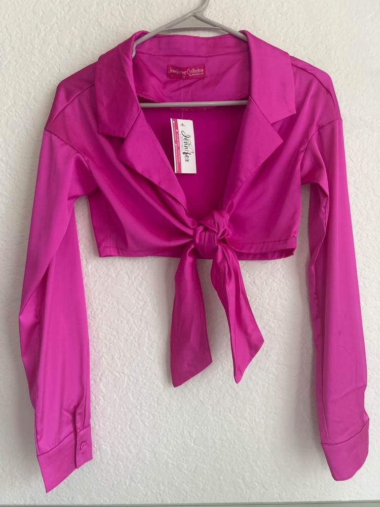 Fuchsia Pink Tie Front Crop Top Women - Size S Long Sleeve Sexy - NWT