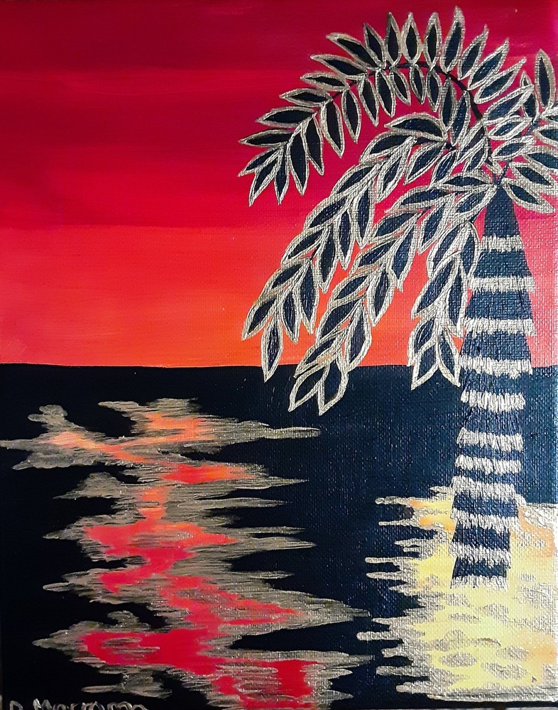 Abstract/ Realism; Scarlet Red w/ burnt orange sunset w/ golden waterlines &palm-image