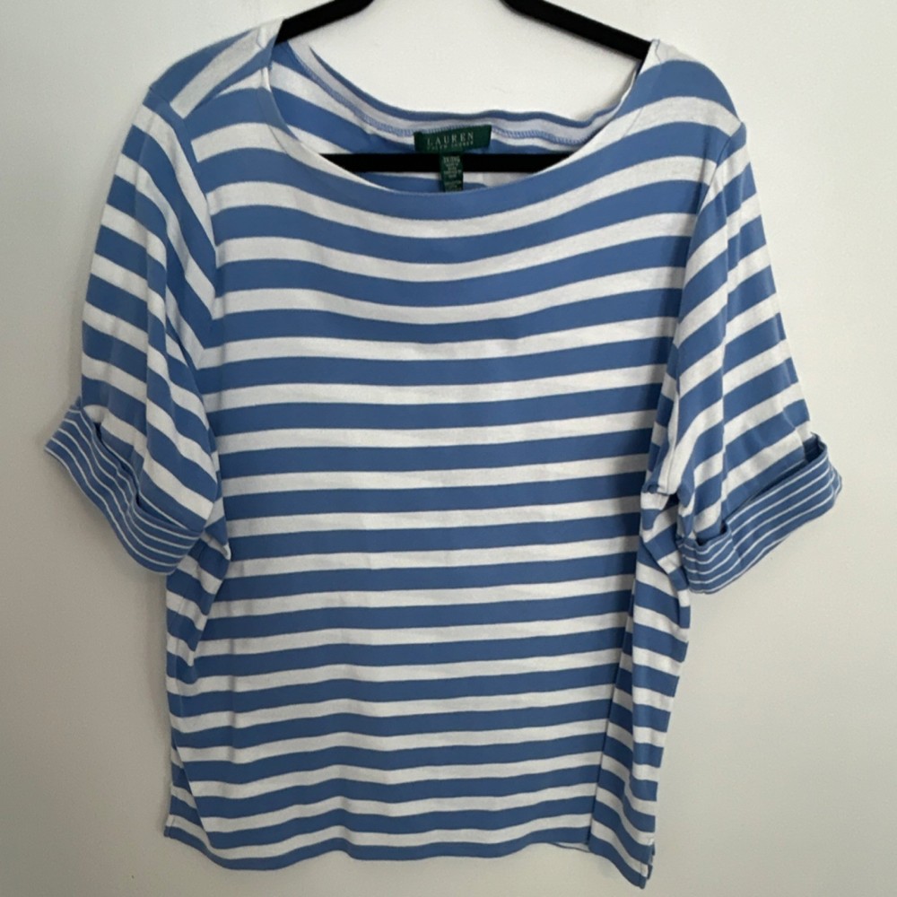 Lauren Ralph Lauren Blue White Striped Cotton Knit Boat Neck Tee 3X Plus