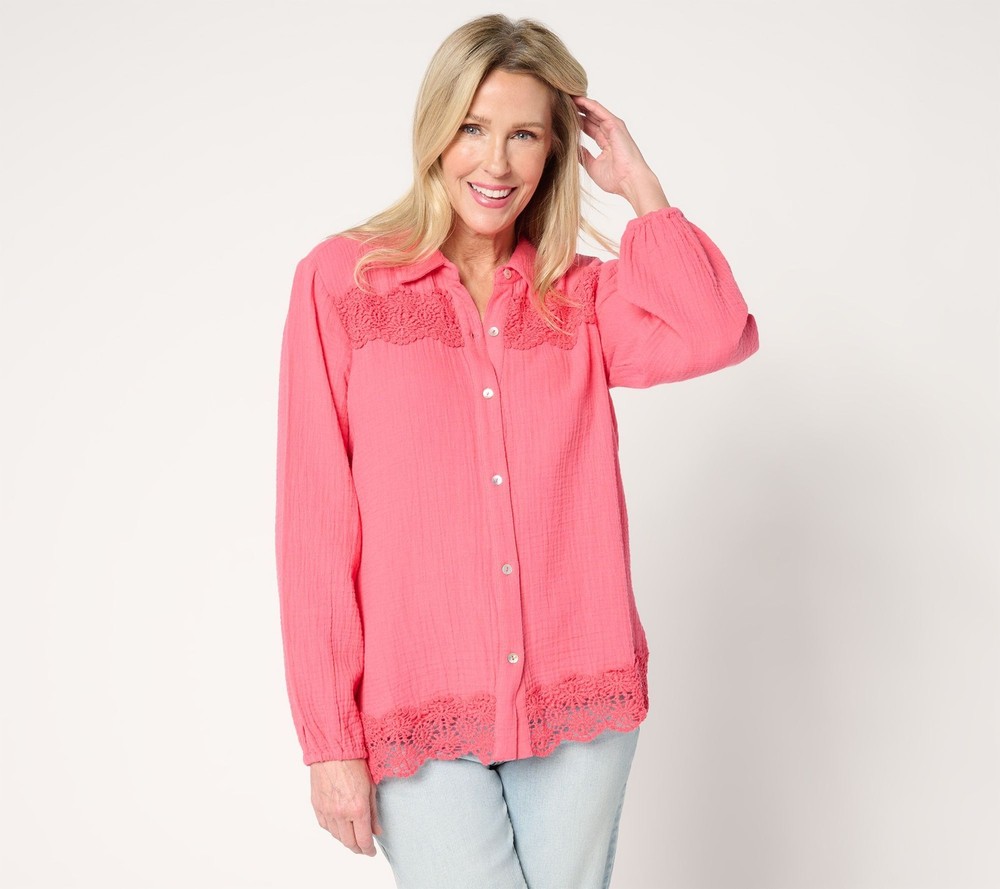 Susan Graver Women's Top Sz L PURE Cotton Gauze Button Front Tunic Pink A708543