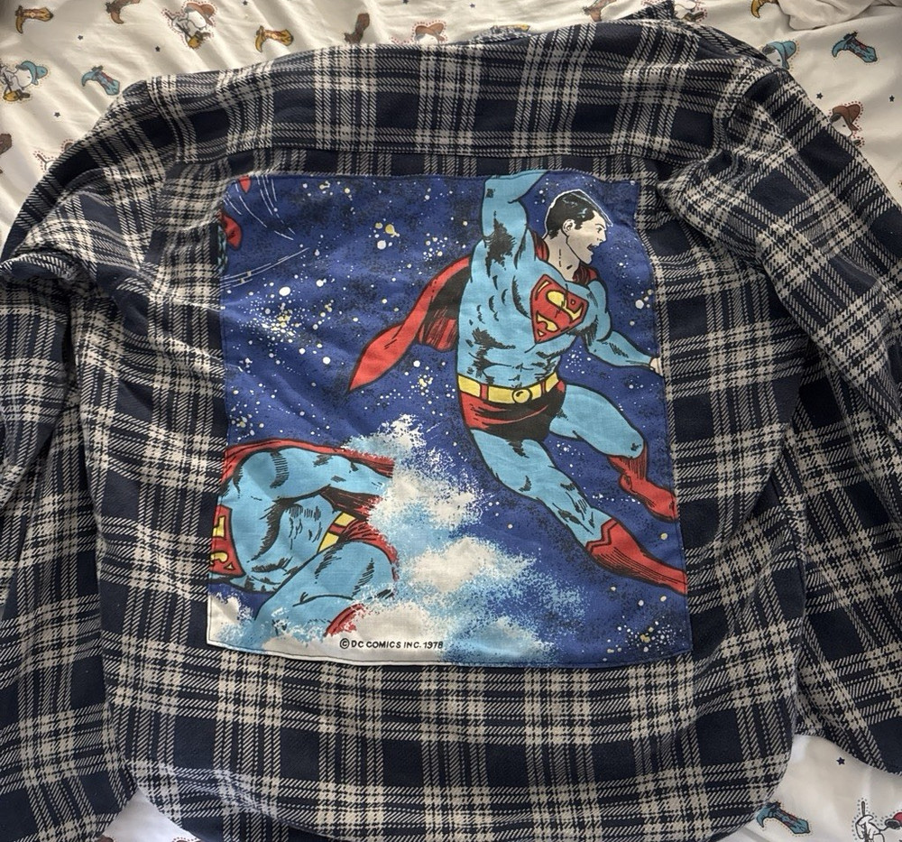 trashful Men's L Cotton Blue/White Plaid Superman Long Sleeve Button-Up Shirt