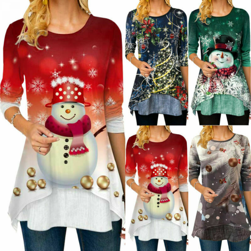 Women Christmas 3D Snowman Print Tops Pullover Xmas Long Sleeve Blouse T-Shirt