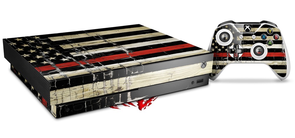 Skin Set for XBOX One X Painted Faded Cracked Red Line USA American Flag