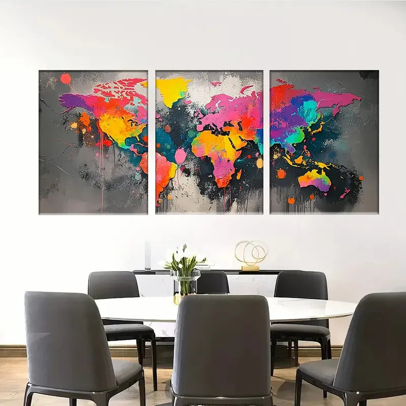 3pcs Vivid Tri - panel Abstract World Map   Wall Art Canvas  Unframed/Framed