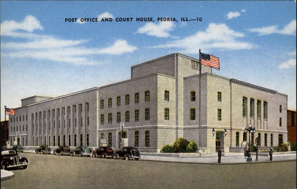 Post Office ~ Court House ~ Peoria Illinois ~ 1940s cars ~ unused linen postcard