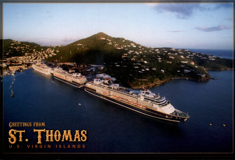 US Virgin Islands St Thomas Greetings From cruise ships aerial view ~ postcard