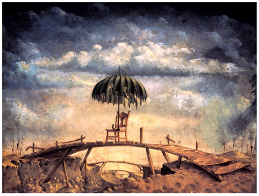 Decor Poster. Fine Graphic Art. Umbrella on wooden bridge. Home Wall Design 1314