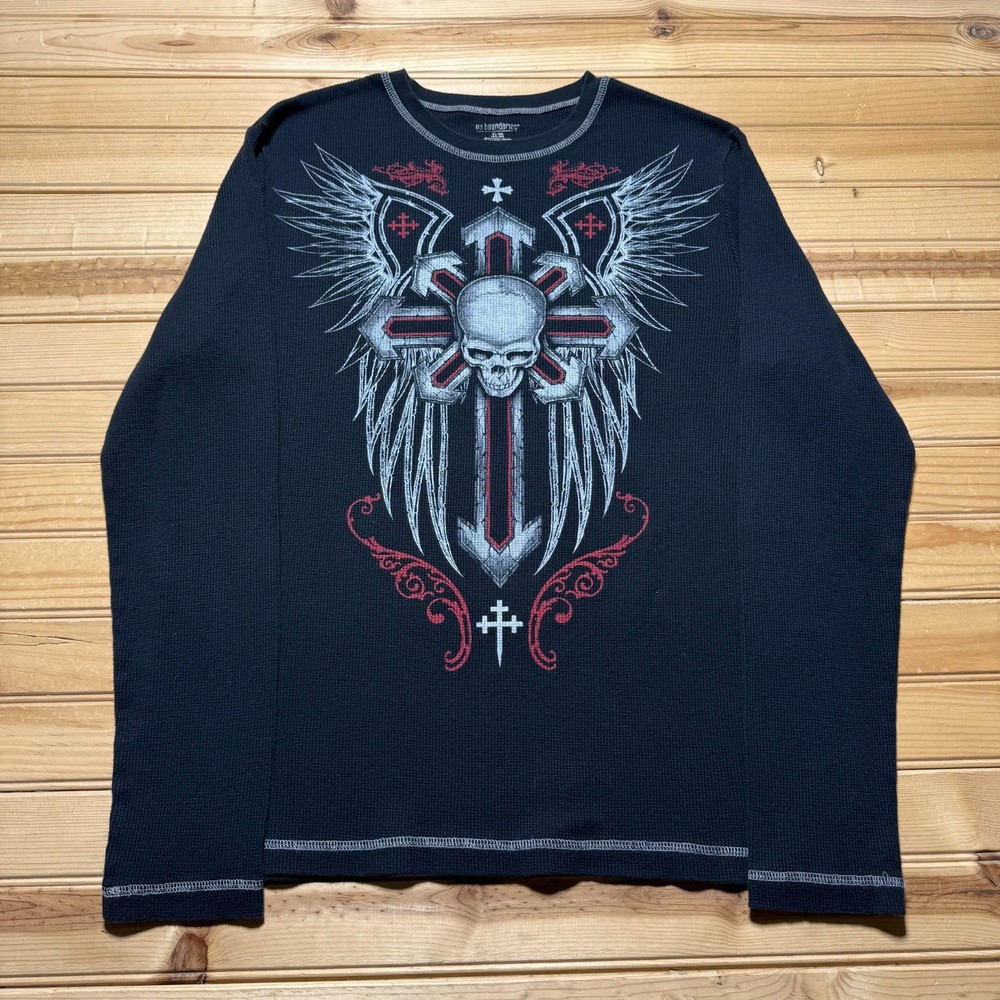 Skull Cross Wing Goth Tattoo Waffle Knit Thermal Long Sleeve Graphic Shirt - XL