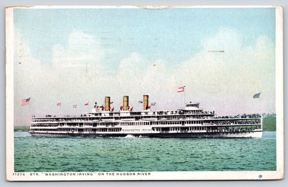 Steamship~New York~Hudson River~Steamer Washington Irving~USA Flag~1915 Postcard