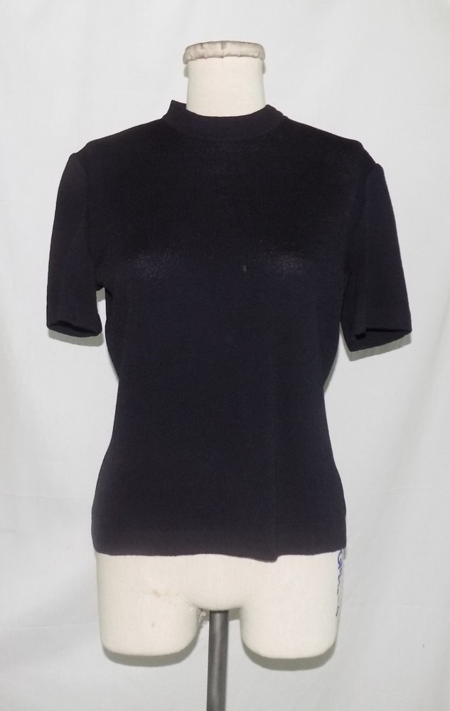 St John Basics Short Sleeve Pullover Top Black Santana Knit Crew-Neck Size S