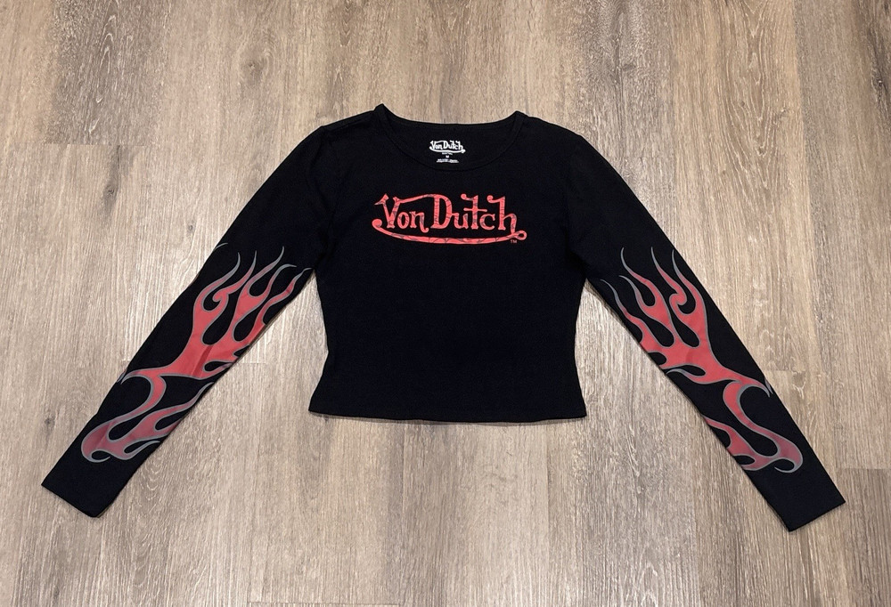 Von Dutch Crop Top Womens Medium Flame Sleeve Black Long Sleeve Shirt Logo Y2K
