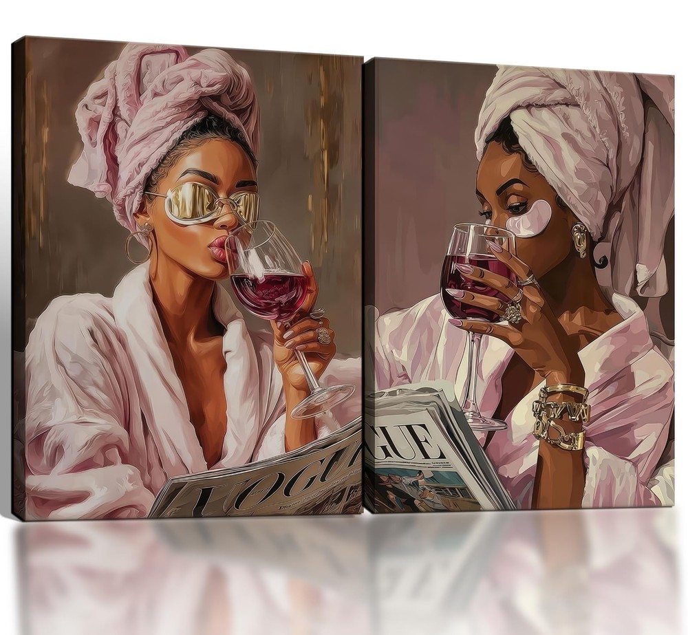 Pink Bathroom Wall Art Set Of 2 Framed Canvas Prints Glam Fashion Bathroom De...