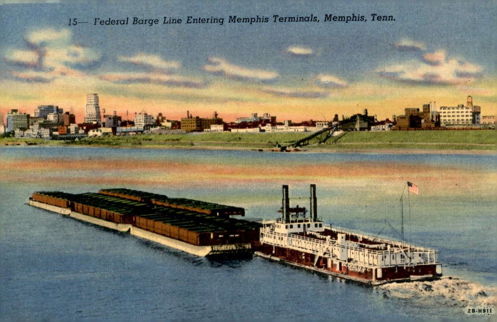 Federal Barge Line Entering Memphis Terminals, 1930s River Postcard