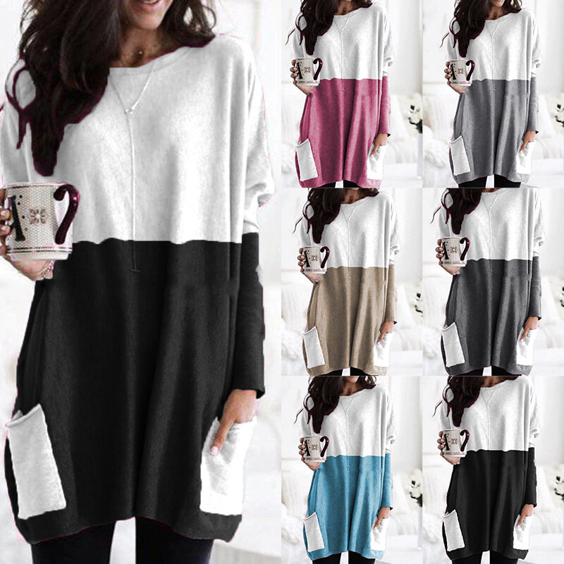 Women Crew Neck Long Sleeve T Shirt Casual Loose Pocket Blouse Solid Tunic Tops