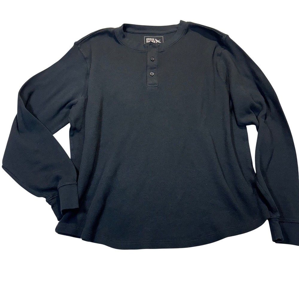 Eddie Bauer Mens XXL Black Waffle Knit Henley Long Sleeve Thermal Shirt EB010777