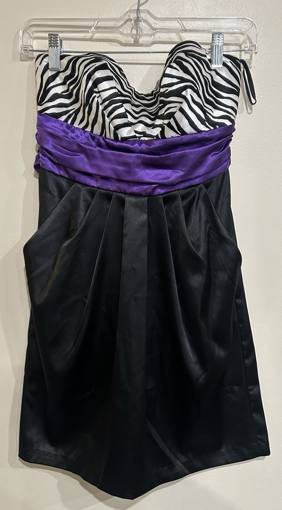NWT Y2K Ruby Rox Zebra Strapless Mini Dress Formal Sz 5 Purple Sash