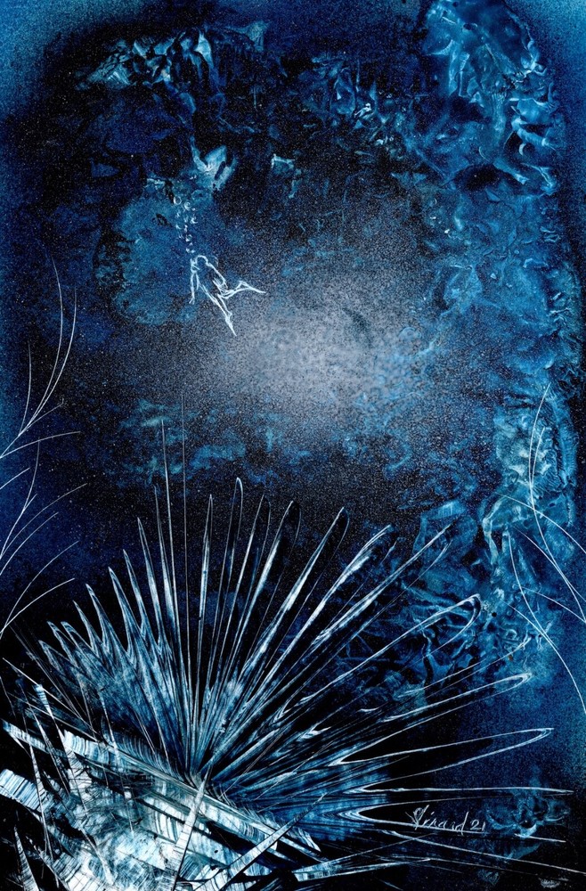 Painting of a Blue Ocean with Diver and Sea Amenamy by artist Jason Girard.