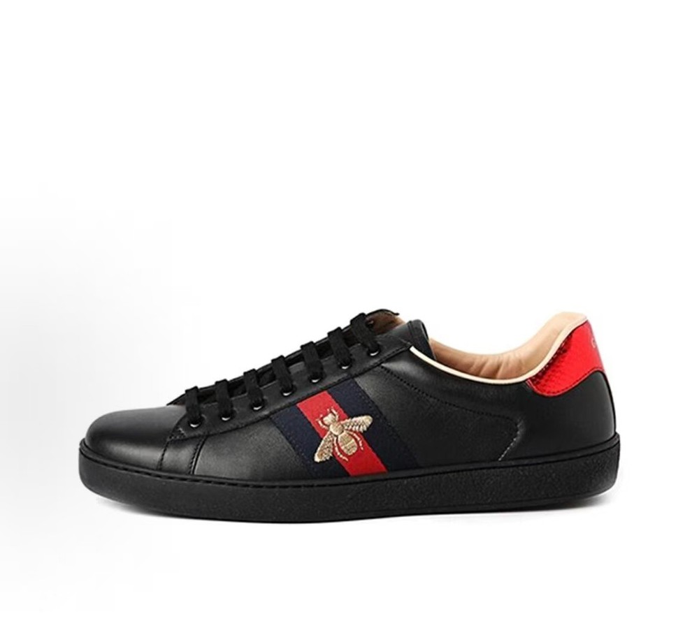Gucci Ace Bee Sneakers Casual Comfort Men's BlackLeather Red and Green Webbing