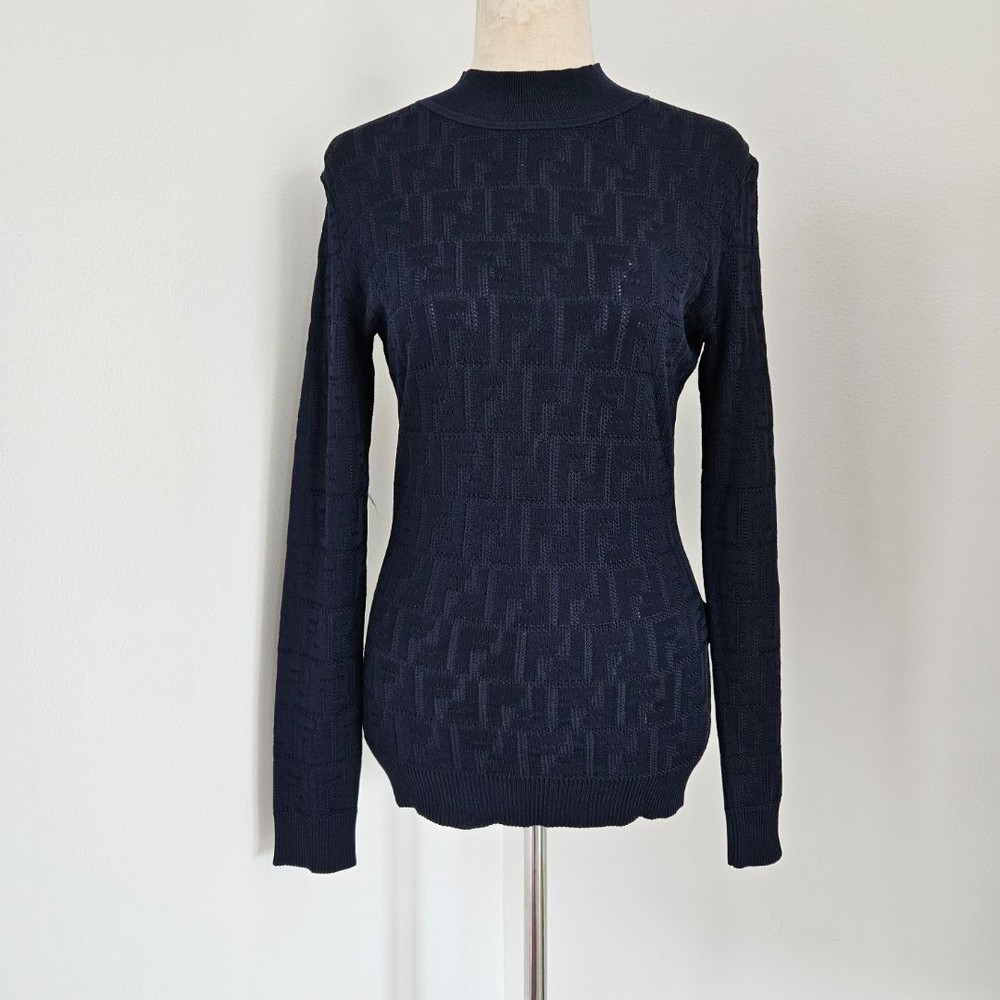 Fendi Navy Knit FF Logo Long Sleeve Pullover Sweater