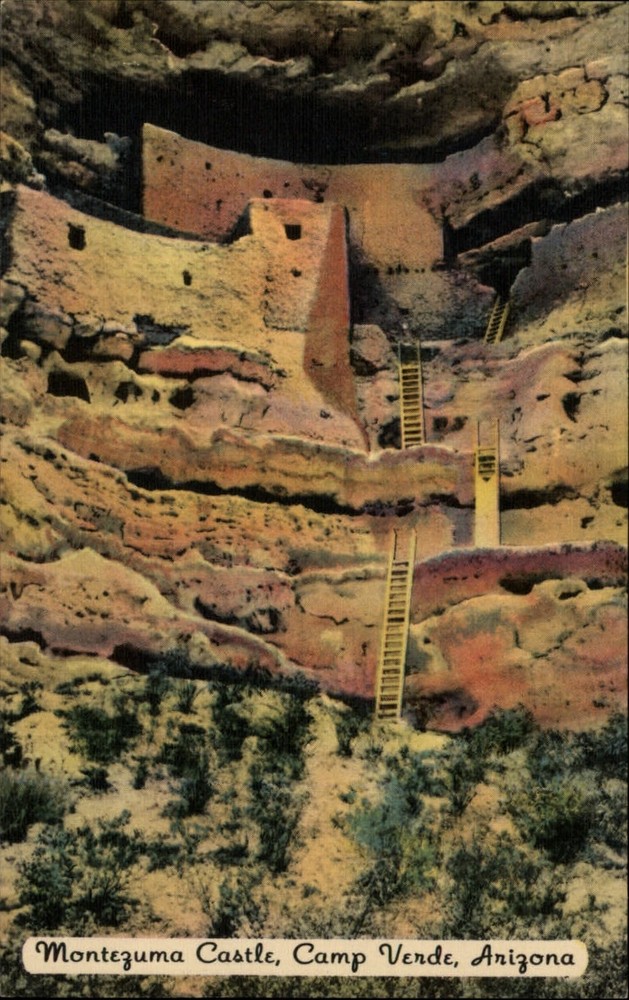 Camp Verde Arizona Montezuma Castle Cliff Dwelling unused vintage linen postcard