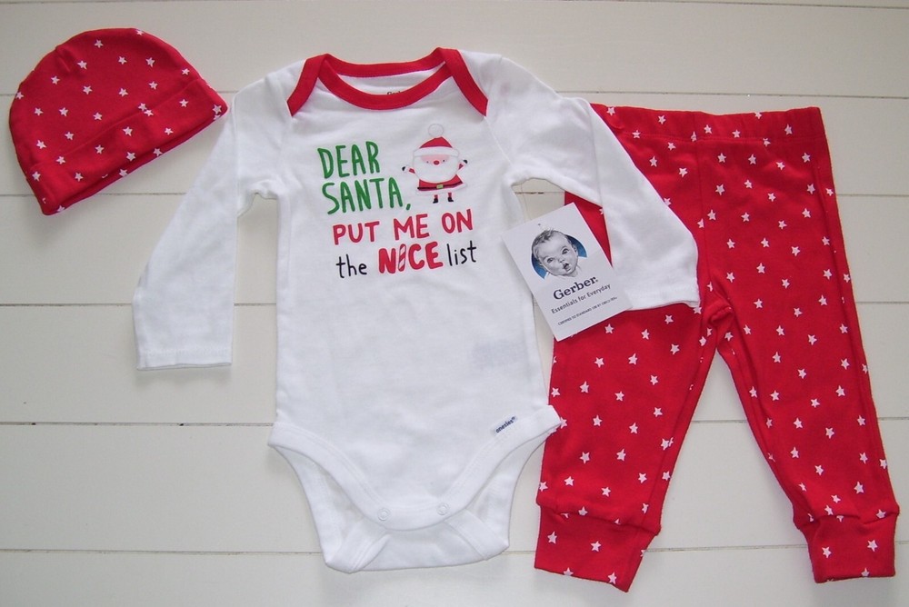 Dear Santa Nice List Christmas Bodysuit Pants Hat Outfit 3-6M